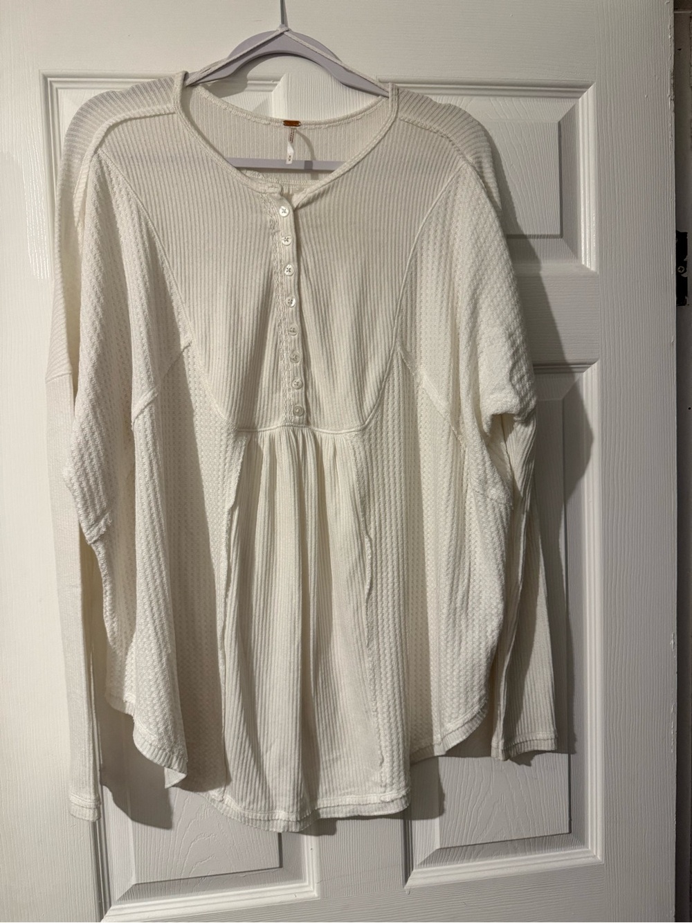 Free People Cream Waffle Henley Peplum Long Sleeve Top